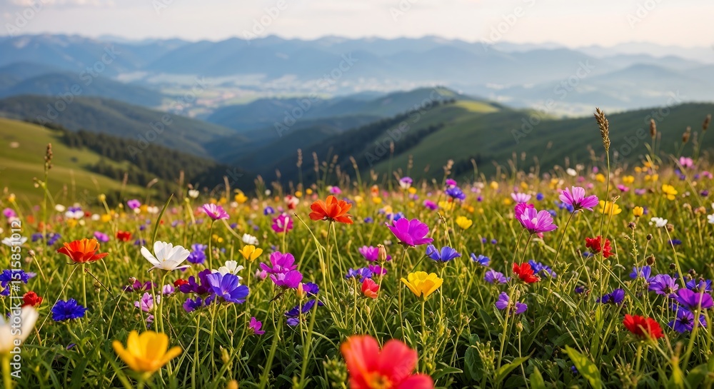 Fototapeta premium Vibrant Wildflower Meadow in Mountain Valley A Breathtaking Summer Landscape