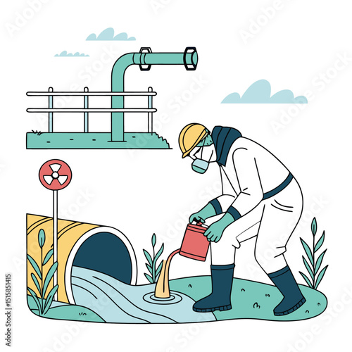 Industrial wastewater quality control by environmental technician collecting samples near drainage outlet in flat style illustration