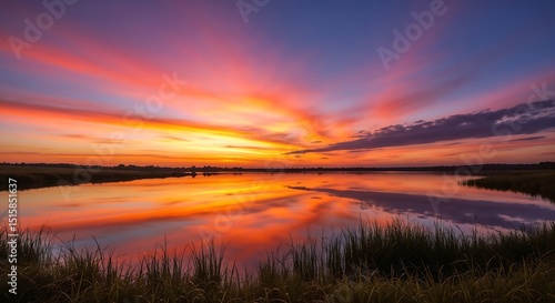 Vibrant Sunset Reflection A Serene Lakeside Panorama
