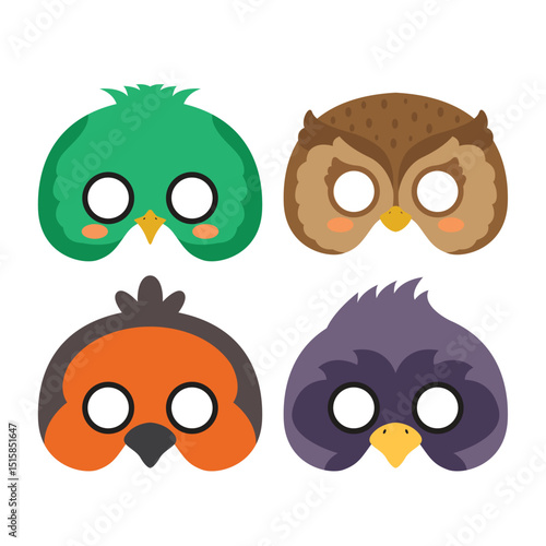 Set Bird Face Birthday Mask Flat Design Cartoon Icon Illustration