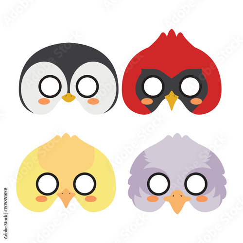 Set Bird Birthday Mask Flat Design Cartoon Icon Illustration