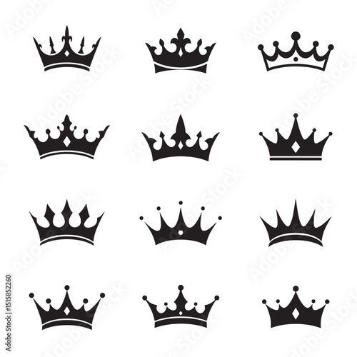 Collection of elegant black and white crown silhouettes for design and branding