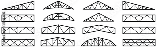 Roof metal trusses constructions. Set of roofing steel frames. Vector architectural blueprint. Collection of elements for rafter. Illustration for engineering education
