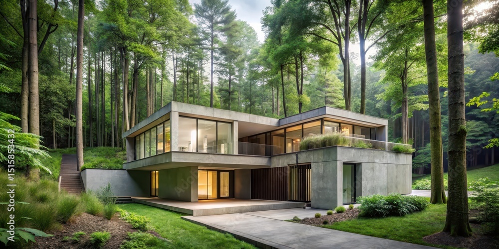 Modern concrete house blending seamlessly into the surrounding wooded landscape with lush greenery and tall trees Modern concrete house blending seamlessly into the surrounding wooded landscape with lush greenery and tall trees
