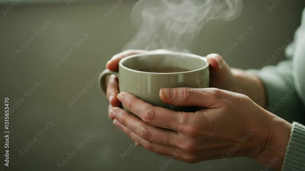 Hands gently hold a steaming mug of tea. Hands gently hold a steaming mug of tea.