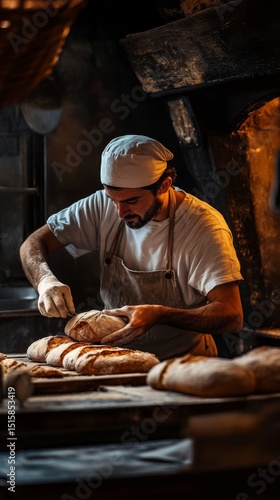 A dedicated baker kneads artisan bread in a warm bakery. Each loaf tells a story of tradition and craftsmanship. Experience the art of baking. Generative AI