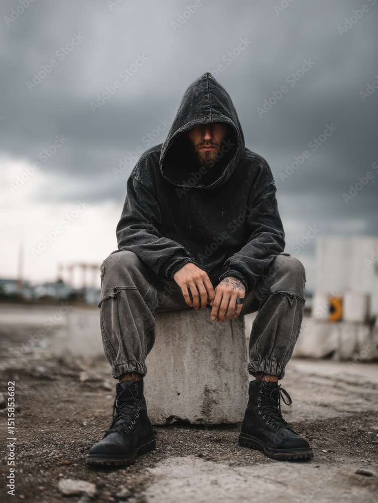 Male model in combat boots and distressed hoodie sitting on a concrete block Male model in combat boots and distressed hoodie sitting on a concrete block