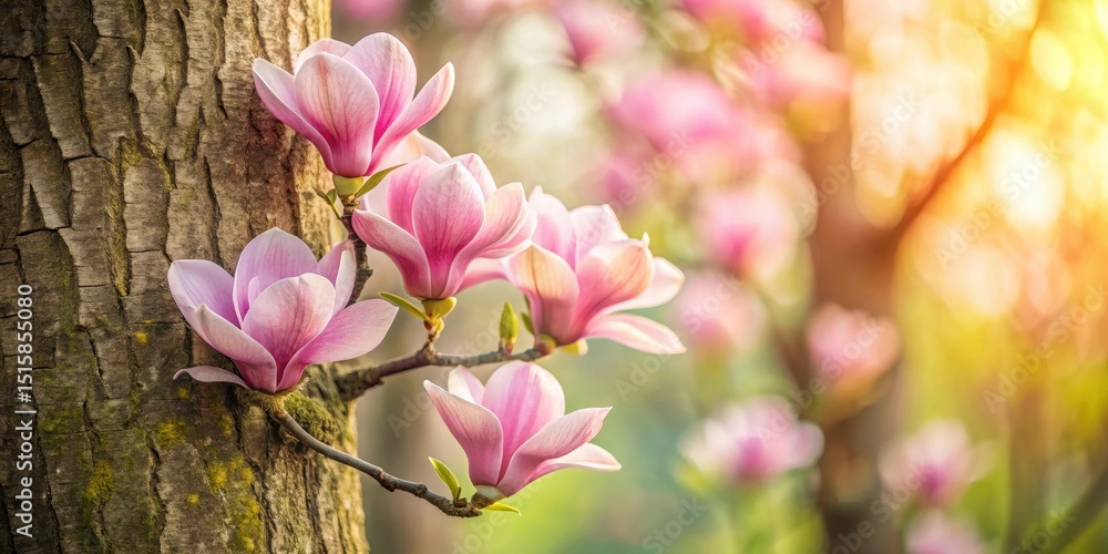 Obraz premium Soft focus rough tree bark with delicate pink magnolia flowers in a serene natural setting , nature, trees