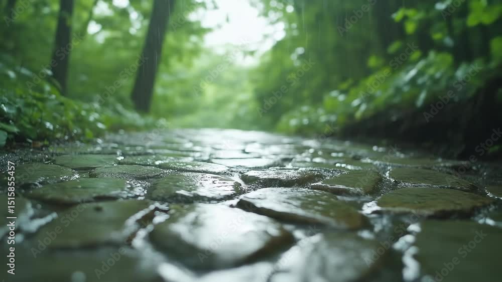 Wet cobblestone path forest perspective Wet cobblestone path forest perspective