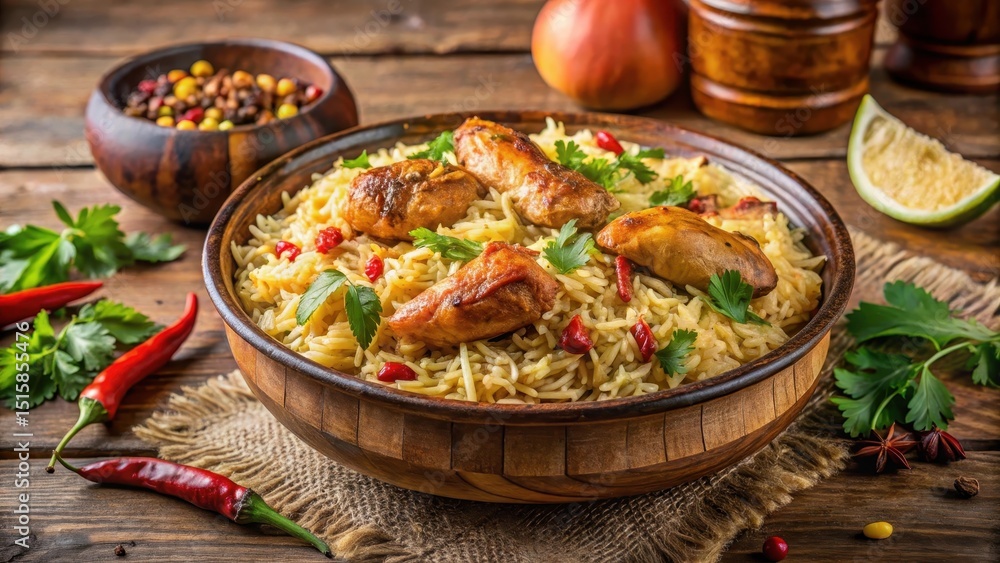 Fragrant basmati rice and marinated chicken cooked in a flavorful mixture of spices Fragrant basmati rice and marinated chicken cooked in a flavorful mixture of spices