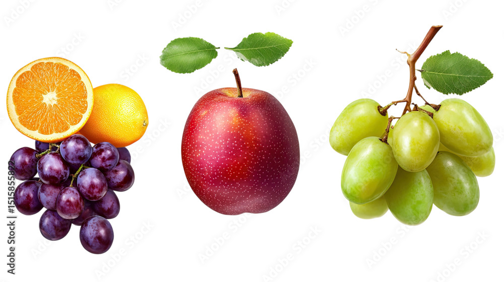 Fruit Medley Orange Slice with Lemon, and Red Apple Grapes on Black Backdrop. Fruit Medley Orange Slice with Lemon, and Red Apple Grapes on Black Backdrop.