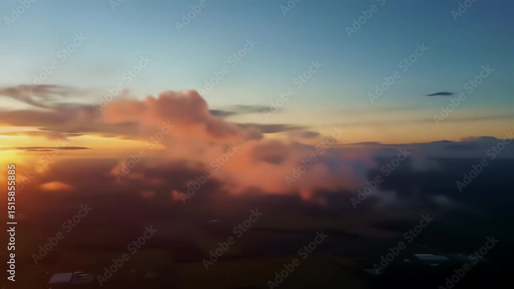 Breathtaking aerial journey flying through vibrant golden clouds during a serene sunset or sunrise over darkened land Breathtaking aerial journey flying through vibrant golden clouds during a serene sunset or sunrise over darkened land
