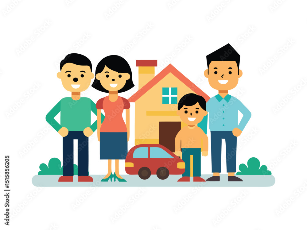 Happy family with house and car isolated on white background
Happy family with house and car isolated on white background