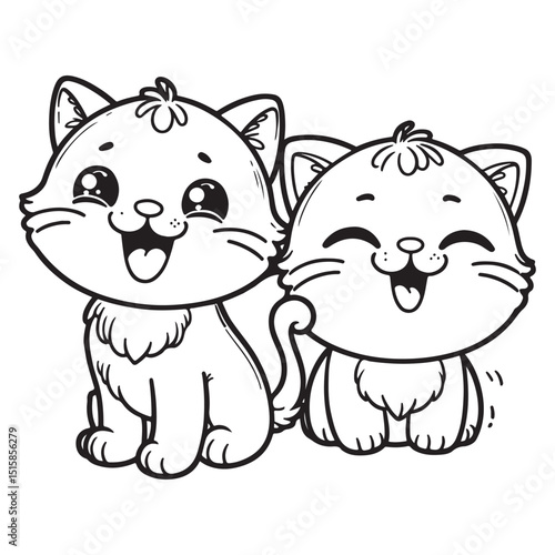 2 cute laughing cats, vector image suitable for coloring books