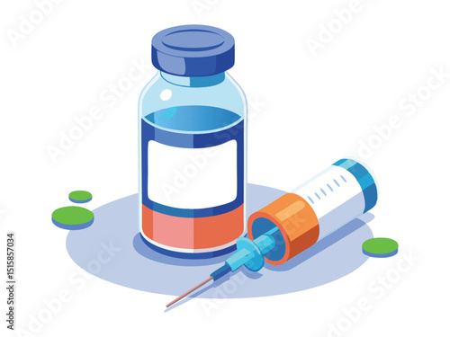 Vaccine vial and syringe isometric illustration isolated on white background
