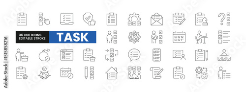 Set of 36 Task line icons set. Task outline icons with editable stroke collection. Includes Planning, Checkbox, Deadline, Office Work, Action Plan, and More.