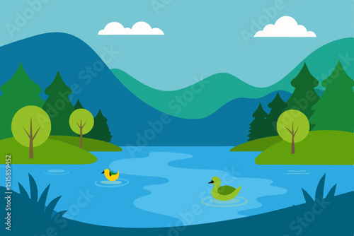 Serene Lakeside Landscape Ducks Swimming in Mountain Scenery