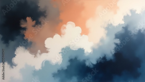 Abstract Painting with Clouds in Navy, Blue, Peach, and White Tones