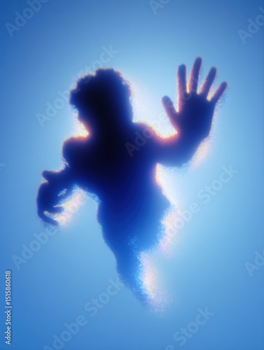 Glowing human silhouette floating in blue light	