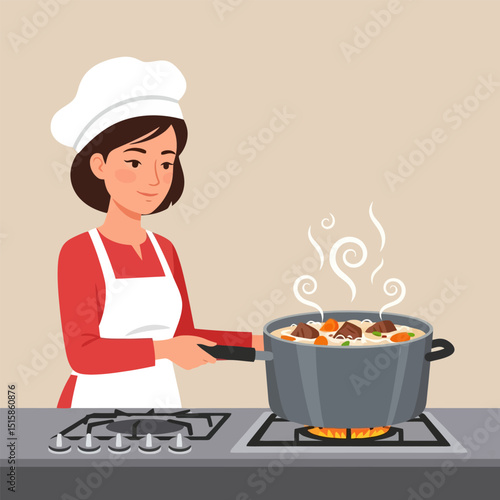 Woman Cooking a Pot of Stew on the Stove with Steam