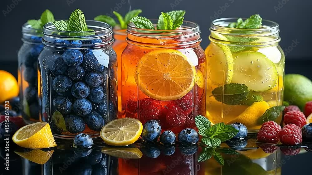 Refreshing fruit infused water in mason jars with blueberries, raspberries and citrus Refreshing fruit infused water in mason jars with blueberries, raspberries and citrus