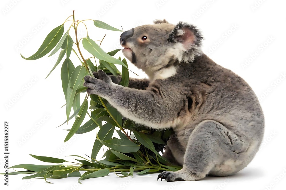 Fototapeta premium Koala eating eucalyptus leaves isolated on white background