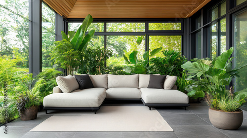 Modern indoor living room featuring spacious sectional sofa surrounded by lush greenery