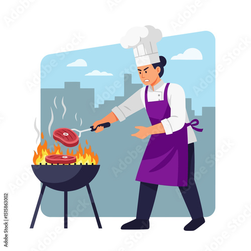 Chef Grilling Meat Outdoors on Barbecue with City Background Illustration