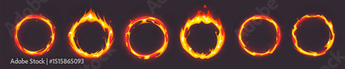 Burning fire ring frames set - round borders made of flames. Fiery circular elements, blazing hot circles. Bright flaming design overlays for dramatic effects, danger symbols. Ignited hoop shapes.