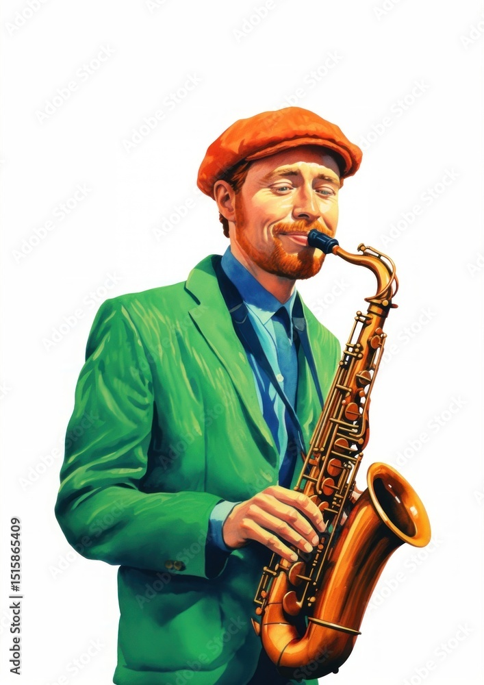 Fototapeta premium Man playing saxophone adult jazz white background.