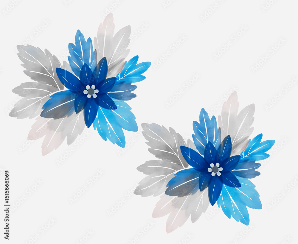 Obraz premium Abstract seamless watercolour minimalistic design with flowers in shades of grey and blue on a white background