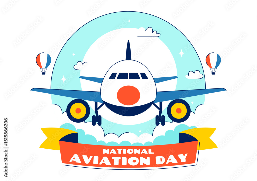 National Aviation Day Vector Illustration with an Airplane and Sky Blue Background to Celebrate the First Successful Airplane and Controlled Flight National Aviation Day Vector Illustration with an Airplane and Sky Blue Background to Celebrate the First Successful Airplane and Controlled Flight
