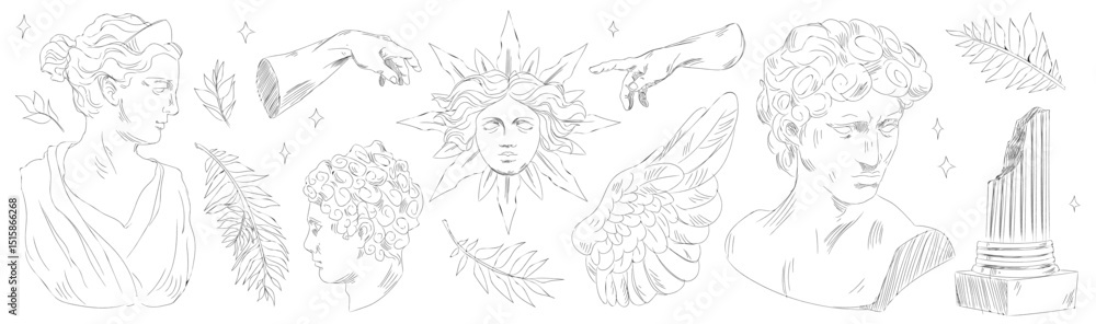 Φωτογραφία Ancient Greek statue sketch set - hand drawn doodle illustration of antique sculpture heads and columns, wings and leaves