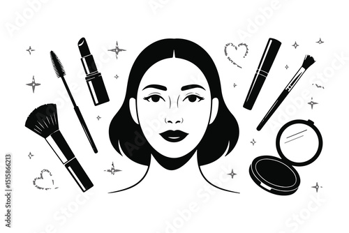 Beauty tools and cosmetics for a makeup artist's essential set