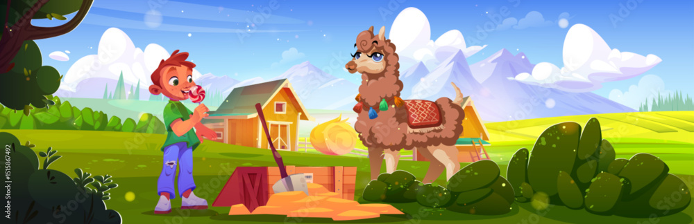 Naklejka premium Happy boy eats candy near wooden box with llama in country farm - child enjoying pink lollipop stands beside parcel while fluffy alpaca watches. Farm scene with kid discovers treasure chest.