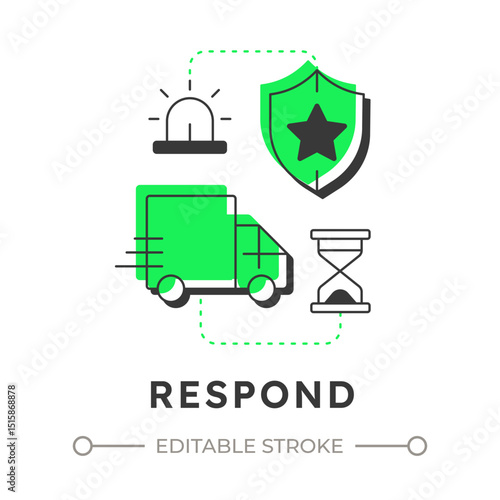 Respond flat outline concept icon. Physical security ecosystem. Action based on analyzed threats. Protection. Modern line illustration with green glyphs. Conceptual visual. Easy to edit