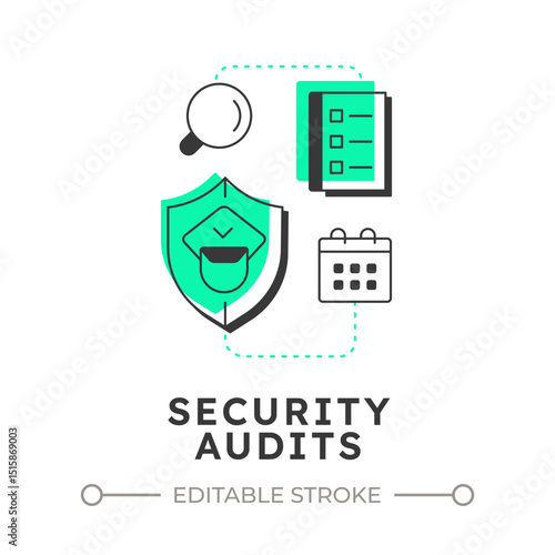 Security audits flat outline concept icon. Component of physical protection system. Evaluate protection effectiveness. Modern line illustration with green glyphs. Conceptual visual. Easy to edit