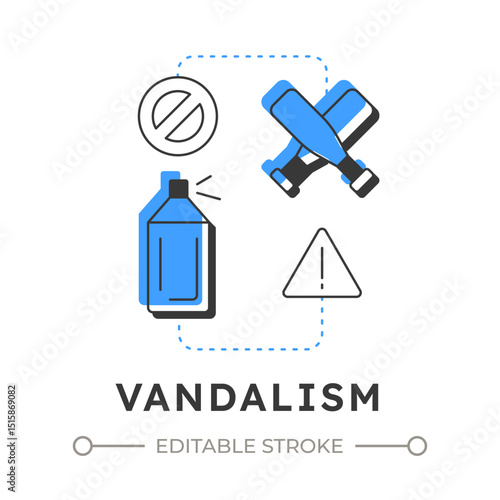 Vandalism flat outline concept icon. Physical security threat and risk. Damage and destruction of property. Destruction. Modern line illustration with blue glyphs. Conceptual visual. Easy to edit