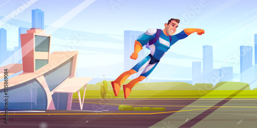 Superhero man flies with jetpack through modern city skyline - cartoon character wearing blue costume with yellow gloves soars above building using turbo backpack engine. Hero with jet propulsion gear