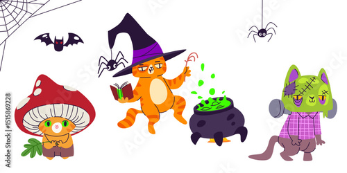 Cute pet characters in Halloween costumes - orange cat witch with spellbook brewing potion in cauldron, mushroom creature, zombie monster. Cartoon animals dressed for spooky holiday celebration party.