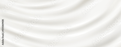 Milk or silk cream texture with smooth flowing waves - white liquid surface with elegant folds and soft ripples. Luxurious dairy product background for cosmetic or food design presentations.