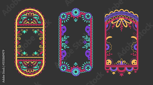 Vibrant Mexican decorative frame borders on dark background. Traditional papel picado style with colorful floral patterns, skulls. Festive ornamental rectangles for celebration design elements.