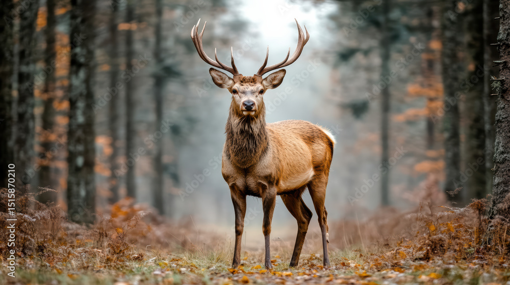 Fototapeta premium Majestic deer standing misty forest clearing, showcasing its impressive antlers and serene