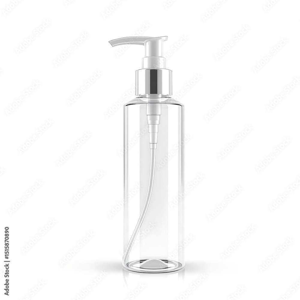 Obraz premium Clear cylindrical bottle with pump dispenser isolated on a white background in a studio shot