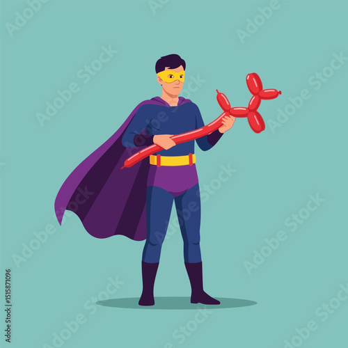 Man Holding Red Balloon Animal Toy Wearing Superhero Costume