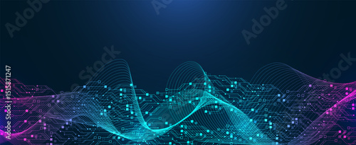 Artificial Intelligence or machine learning vector design. Quantum computer technology concept with circuit board and motherboard texture background design. Waves flow quantum explosion