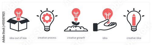 A set of 5 design icons as idea out of box, creative process, creative growth