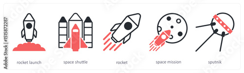 A set of 5 space icons as rocket launch, space shuttle, rocket