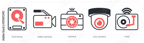 A set of 5 device icons as hard drive, video camera, camera