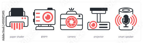 A set of 5 device icons as paper shader, gopro, camera, projector